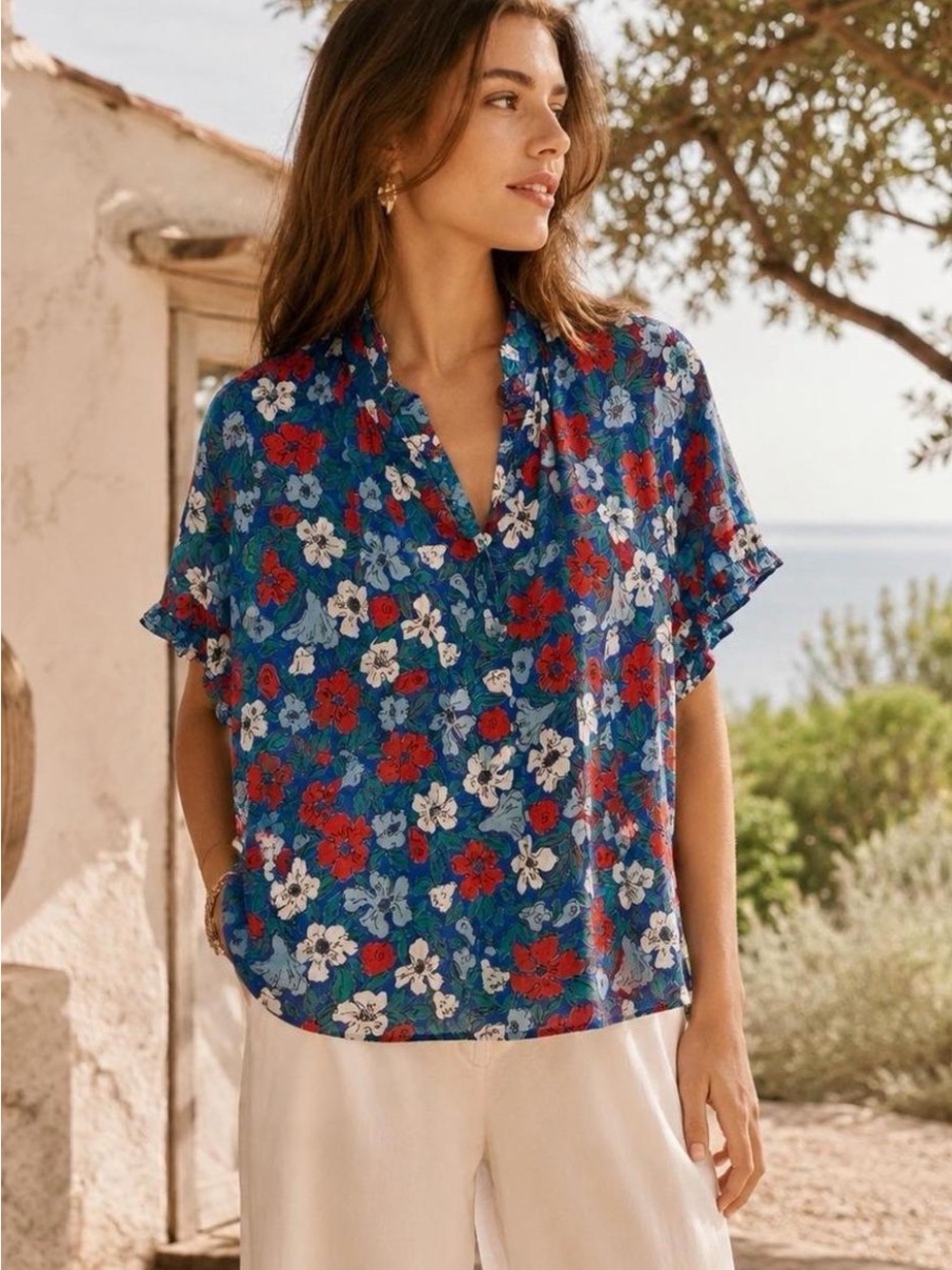 Anthropologie Banjanan Blue red Floral Cotton Ruffle Sleeve boho blouse size L